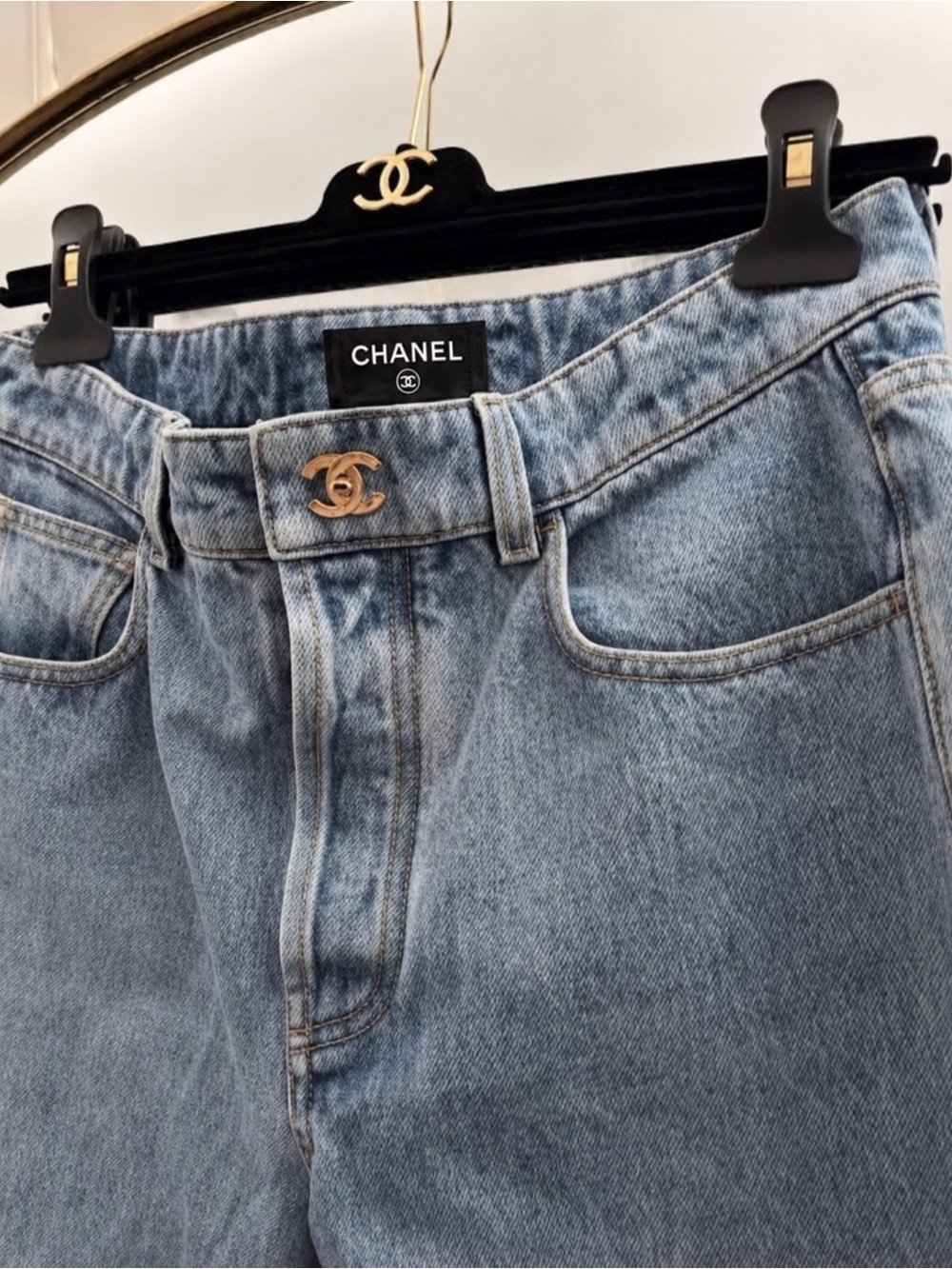 CHANEL turn key lock Light Blue Denim High-Rise Jeans with Gold CC Accent